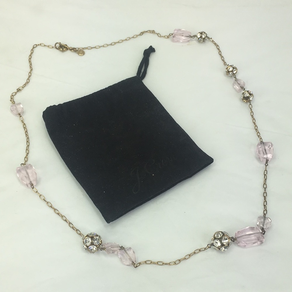 J Crew 32" long necklace pink glass rhinestones gold chain disco ball